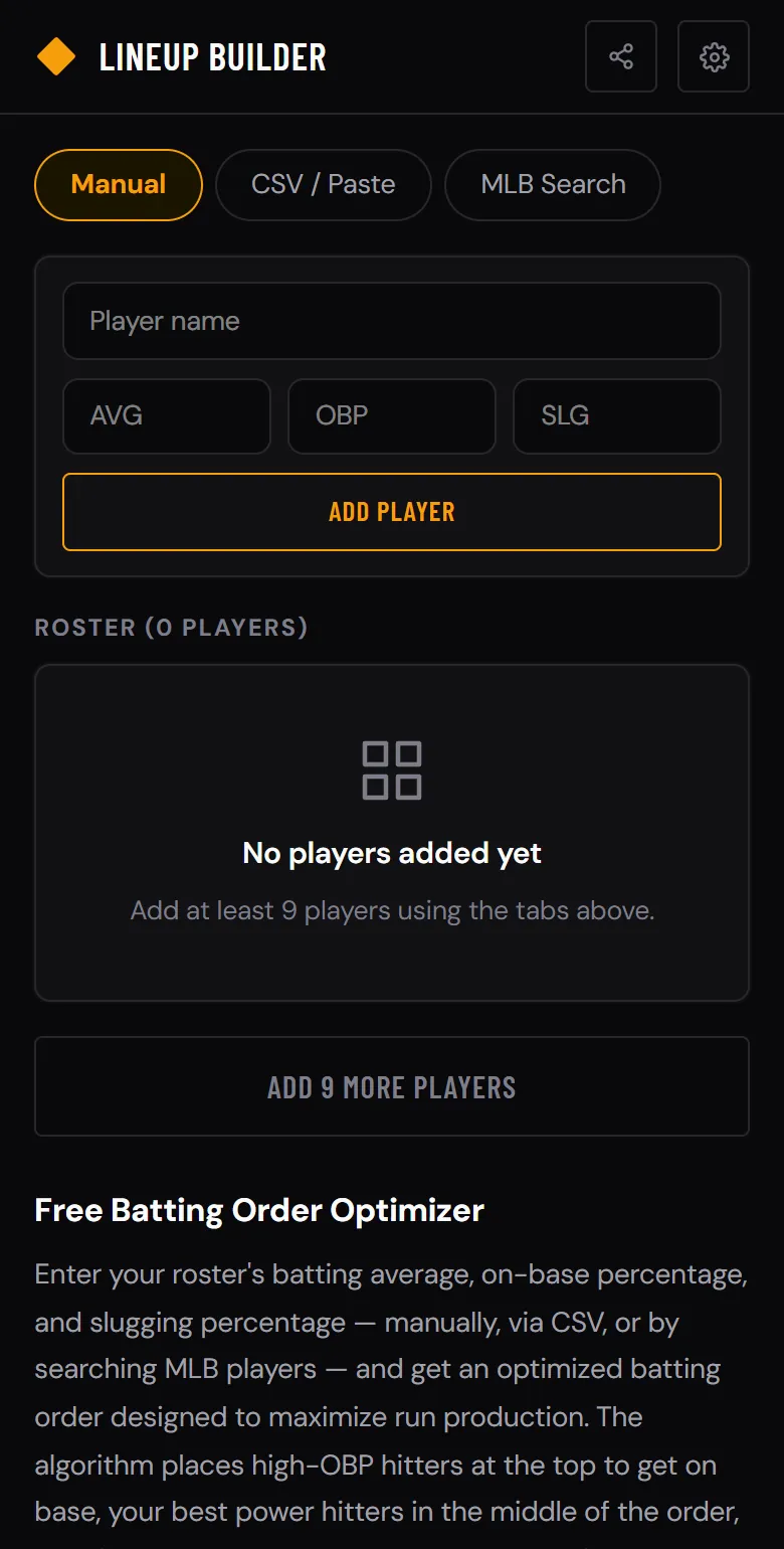 Lineup Builder with Manual, CSV / Paste and MLB Search tabs and fields for player name, AVG, OBP and SLG