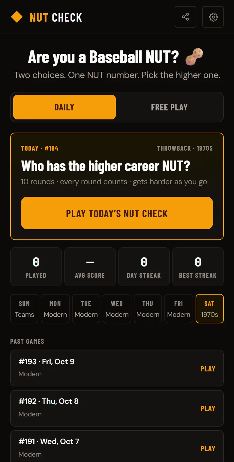 NUT Check game screen with Daily and Free Play modes, today’s puzzle, and past daily games