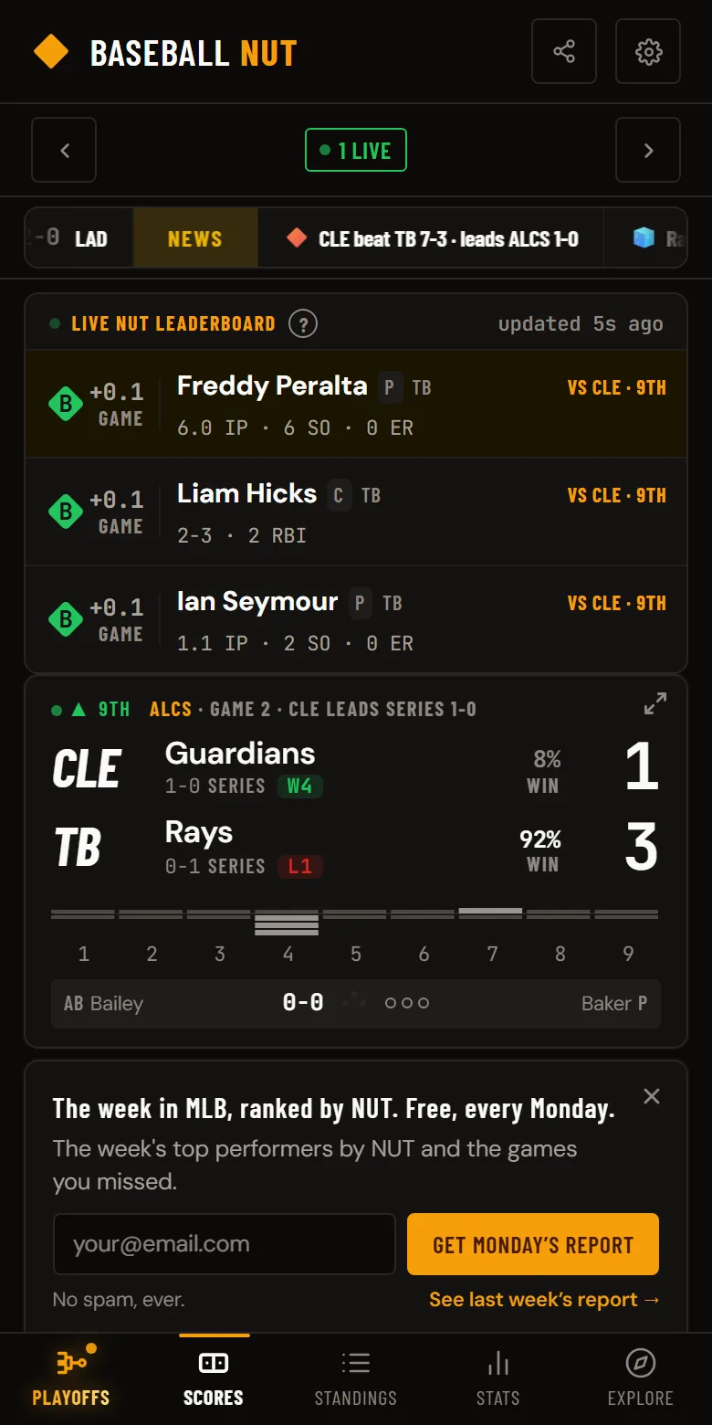 Baseball NUT scoreboard on a phone with a live Division Series game and no ads or betting odds