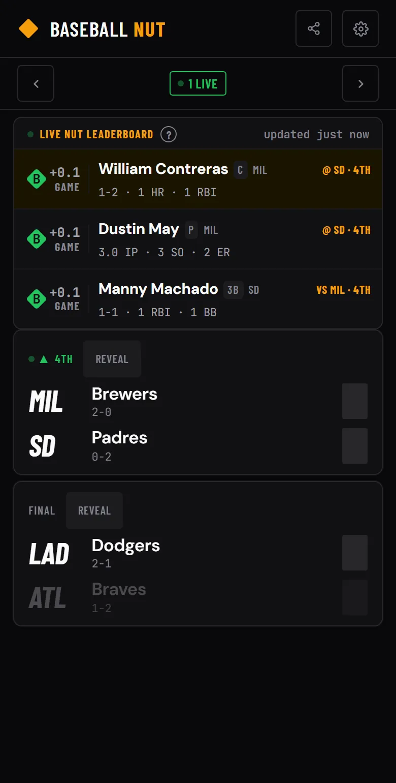 Scoreboard with Hide Final Scores on: the scores and line scores of live games are covered, each card with a Reveal button