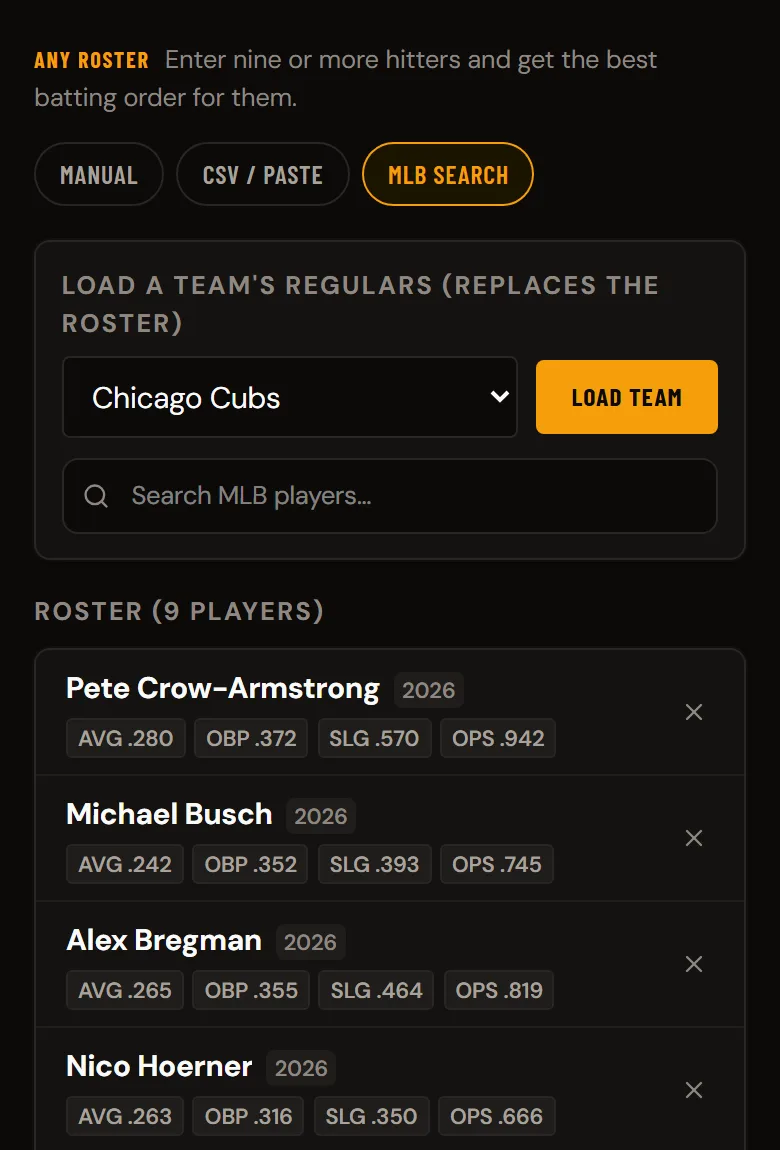 The MLB team builder on a phone with the Chicago Cubs loaded: Pete Crow-Armstrong, Michael Busch, Alex Bregman and Nico Hoerner on the roster with each hitter's AVG, OBP, SLG and OPS