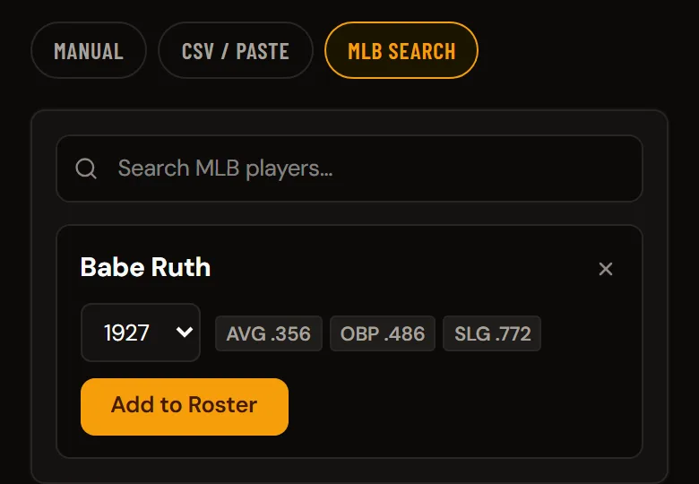 The team builder's player search on a phone showing Babe Ruth with the 1927 season selected: .356 average, .486 on-base and .772 slugging, with an Add to Roster button